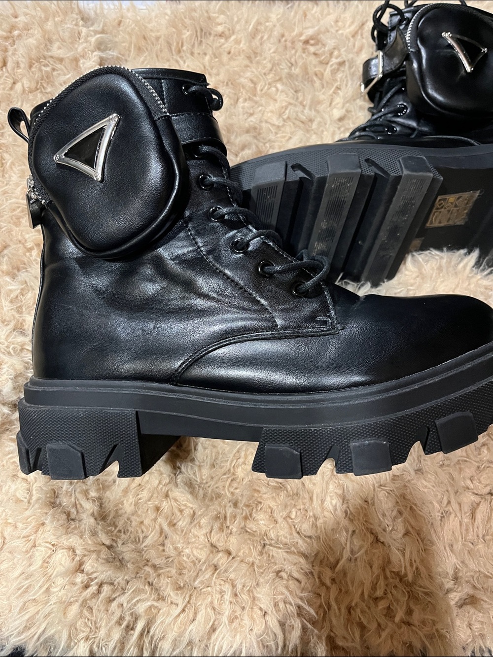Preowned- Bella Marie Black Leather Combat Boots with Removable Pouch  SZ. 8.5